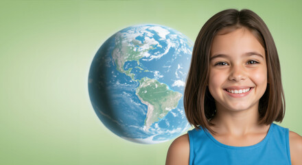 Smiling girl in blue top with earth globe against green background. Environmental education for earth day celebrations, geography lessons and children's science awareness campaigns