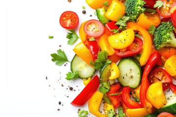 Vibrant Sliced Vegetables and Herbs on White Background