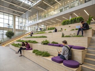 University students collaborating and studying in modern campus area