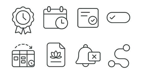 Line style icons of design without urgency: &ldquo;no rush&rdquo; badge, low-pressure deadline icon, time-free task card, complete when ready toggle, flexible schedule board, mindful timing file, notification