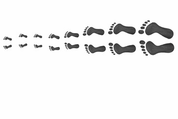 Foot steps on white background, human footprints 