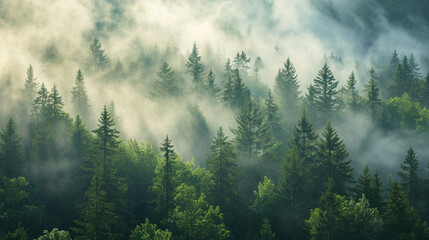misty foggy forest with trees, mountains and mist