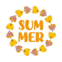 vibrant summer scene with colorful tropical fish, including butterflyfish and Chaetodon semilarvatus, swimming to form a circular frame. It captures the lively beauty of marine life.