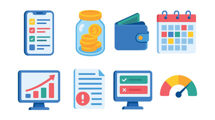 Isometric flat vector set of illustrations of personal finance habits: expense tracker, savings jar, digital wallet, budget calendar, investment chart, bill reminder, subscription overview, credit