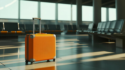 Orange Suitcase in Modern Airport Terminal