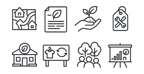 Line style icons of community sustainability: neighborhood green map icon, local eco newsletter badge, community cleanup hand, repair and reuse fair tag, eco-hub center, community swap board, urban