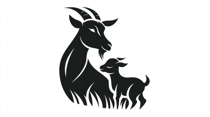 Fototapeta premium Silhouette of a Goat and Kid Black and White Animal Illustration Farm Life Nature Parent an