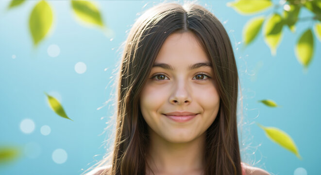 Smiling teenage girl with long dark hair against blue sky with green leaves and bokeh effect. Natural spring portrait for youth celebrations, environmental campaigns and summer outdoor events