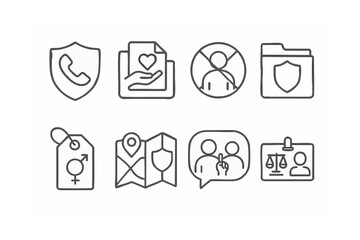 Line style icons of gender-based violence prevention: safety hotline badge, consent education file, no harassment zone icon, protective policy folder, survivor support tag, safe city map, bystander