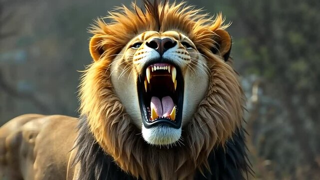 Lion's Roar: A majestic lion with a powerful roar, his teeth bared and his mane flowing in the wind. This captivating image embodies raw power and untamed beauty.