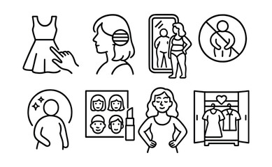 Fototapeta premium Line style icons of body autonomy and expression: free to choose dress icon, hair with pride badge, body-positive mirror, no shame symbol, right to comfort bubble, inclusive beauty chart, confident