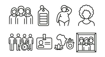 Line style icons of diverse representation: diverse group icon, skin tone palette tag, body diversity figure, inclusive hair symbol, different abilities lineup, multilingual name badge, cultural