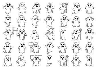 Delightful and Spooky Ghosts A Collection of Cartoon Illustrations Featuring Adorable Spirits in Various Poses and Expressions Perfect for Halloween Decorations or Playful Design Projects
