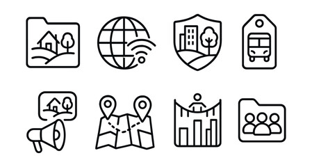 Line style icons of rural and urban inclusion: rural access file, broadband for all icon, urban green space badge, transport inclusion tag, rural voice symbol, hybrid participation map, inclusive