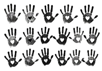 A Collection of Handprints Featuring Heart Shapes in the Center of Each Palm Conveying Love and Connection with a Black and White Aesthetic