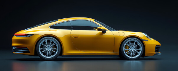 Fototapeta premium A sleek yellow sports car showcased in a dark studio, highlighting modern design.