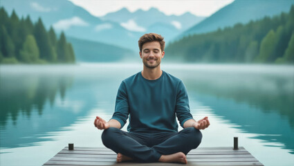 A young man meditates peacefully with his eyes closed and hands in a prayer position on a wooden dock overlooking a serene lake surrounded by mountains.