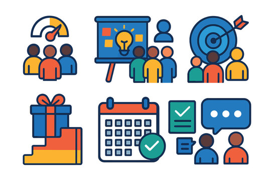 Isometric flat vector set of illustrations of crowd-sourced projects: shared funding meter, group idea board, project goal badge, contributor list, reward tier icon, deadline calendar, transparency