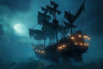 Fototapeta premium A vibrant digital painting of a ghost pirate ship sailing on a foggy sea under a full moon, spectral pirates and glowing lanterns on deck, dramatic and spooky