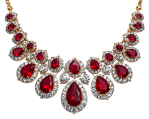 A red and white diamond necklace with large, ornate necklaces on it isolated on a transparent background