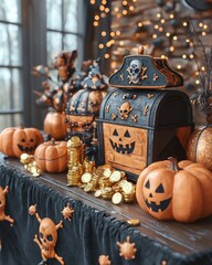 Halloween themed treasure chest display with pumpkins and gold coins.  Spooky decorations on a dark table by a window