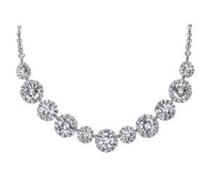 A sparkling diamond necklace with multiple round and teardrop-shaped diamonds isolated on a transparent background