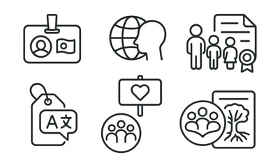 Line style icons of identity and belonging: name and nationality badge, cultural identity icon, inclusive family chart, birth certificate file, language rights tag, belonging symbol board,