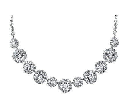 A sparkling diamond necklace with multiple round and teardrop-shaped diamonds isolated on a transparent background