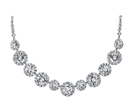 A sparkling diamond necklace with multiple round and teardrop-shaped diamonds isolated on a transparent background