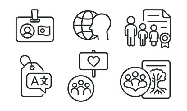Line style icons of identity and belonging: name and nationality badge, cultural identity icon, inclusive family chart, birth certificate file, language rights tag, belonging symbol board,