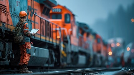 Woman in safety gear inspecting train with digital tablet