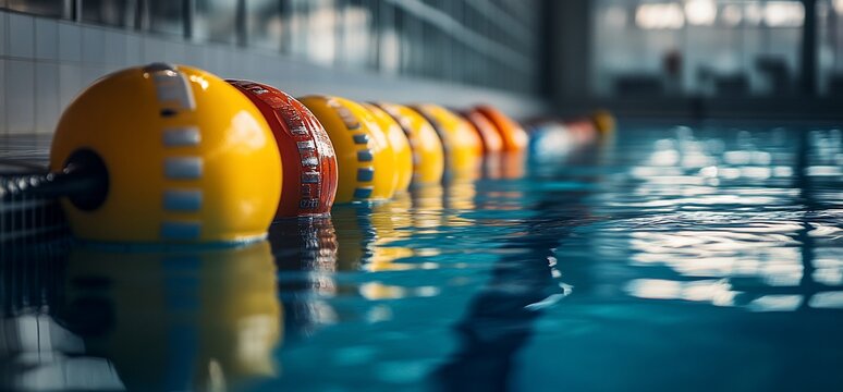 Captivating view of a tranquil swimming pool with lane dividers under serene reflections