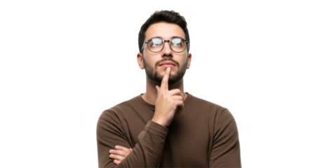 Thoughtful Man with Finger on Chin, Isolated on Transparent PNG Background