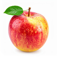 Fresh red apple with leaf and water drops on white background