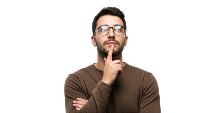 Thoughtful Man with Finger on Chin, Isolated on Transparent PNG Background
