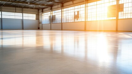 Spacious empty industrial interior with sunlight and smooth concrete floor