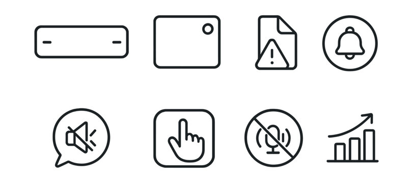 Line style icons of non-invasive UI design: minimal banner icon, quiet pop-up badge, animation-free alert file, icon-only notification tag, sound off bubble, subtle nudge board, no vibration setting,