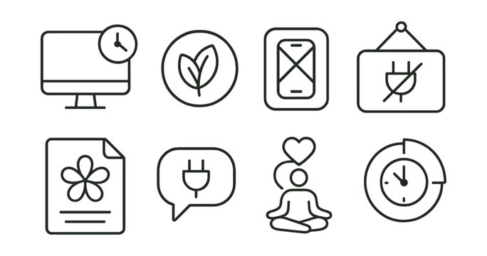 Line style icons of tech breaks and unplugging: scheduled screen break icon, digital detox badge, phone-free zone tag, off-grid time board, break-to-breathe file, unplug reminder bubble, “reconnect