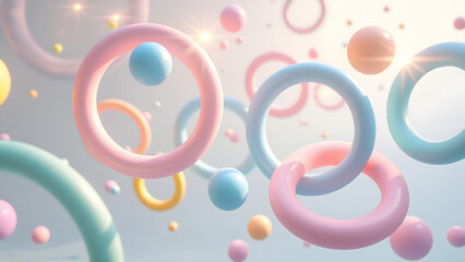 Soft pastel colored geometric rings and spheres float in bright space, creating calm and dreamy abstract composition with gentle light