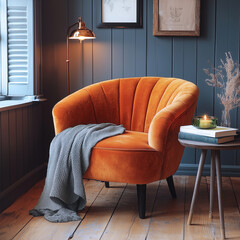 Mid-century modern armchair with rust velvet upholstery and mustard-olive throw in cozy interior with warm wooden floor, stylish lamp, books, green candle, soft light