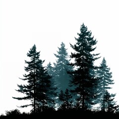 Silhouetted pine trees on foggy background in moody style