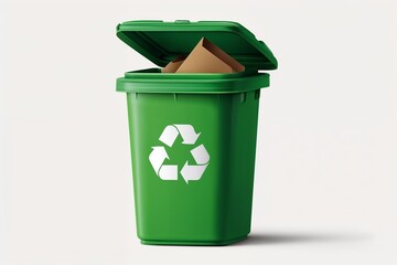 Green recycling bin with cardboard on white background