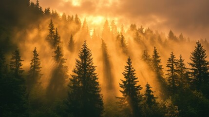 Obraz premium Golden sunlight streams through misty forest.