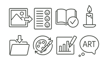 Line style icons of creative closure and reflection: art exit ritual icon, “what I felt today” board, close the page badge, light candle card, pack with care file, return tools symbol, reflection