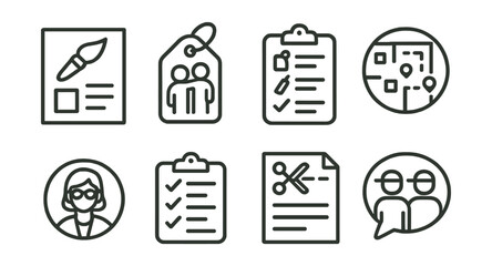 Line style icons of organizing a craft event: workshop flyer file, invite a friend tag, material list chart, craft station map badge, teacher intro icon, setup checklist board, sample corner file,