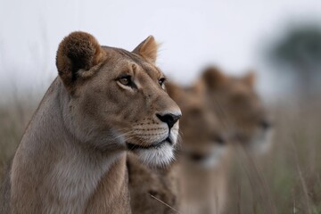 Obraz premium Close-up of lioness with two more blurred in grassland background