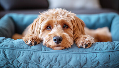 Apricot maltipoo restsing comfortably cozy dog bed. Bright day lighting enhances atmosphere.  Corduroy dog sofa sits in a cozy home setting, featuring soft fabric texture. Lovely domestic pets concept