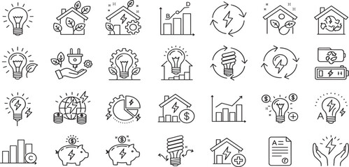 Fototapeta premium Energy Efficiency Line Editable Icons set. Vector illustration in modern thin line style of ecology related icons: energy saving light bulb, sustainability, electricity, and more