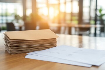 Stack of envelopes and paper on a wooden table in natural light for office work