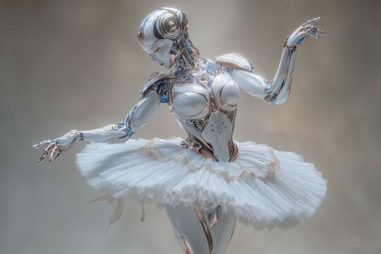 Futuristic robot ballerina dancing gracefully on soft background